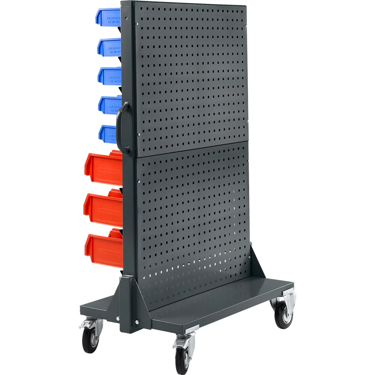 Panel de herramientas móvil gris con cajas de clasificación azules y rojas sobre ruedas, fondo blanco.